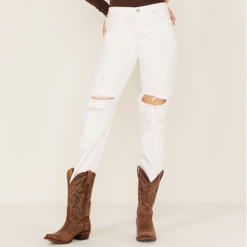 New Free People We The Free Tapered Baggy Boyfriend Distressed Chalk White Jeans